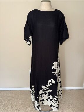 Black Floral-Print Maxi Dress with Cream Accent